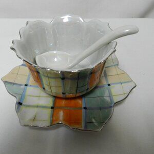 Gold Castle Chikusa Vintage Hand painted Iridescent sugar bowl spoon plate Japan